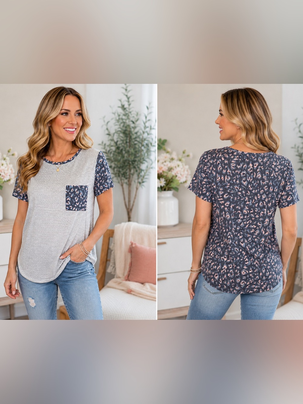 Vanilla Bay Leopard Print Striped Pocket Tee Women’s Small